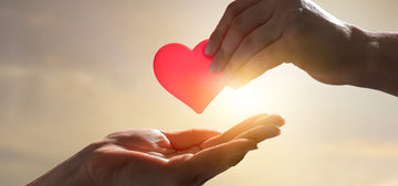 Hand placing a small red heart into another open palm, backlit by warm sunlight