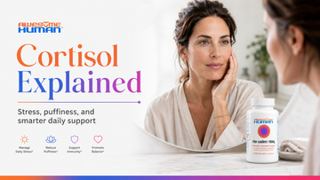 Woman in a robe looking in a bathroom mirror beside an Awesome Human supplement bottle, Cortisol Explained