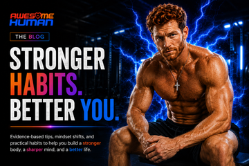 Muscular man sitting on a gym bench with blue energy effects and Stronger Habits Better You text