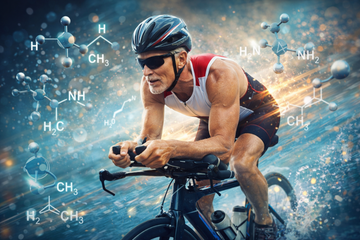 Older male cyclist riding through water splash with floating molecular structure graphics