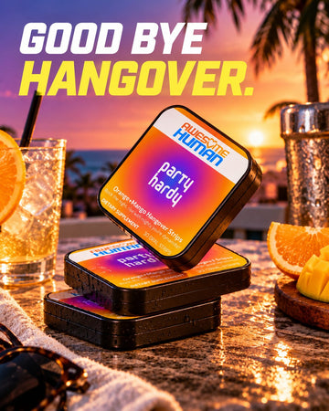 Party Hardy orange mango hangover strips tins at sunset