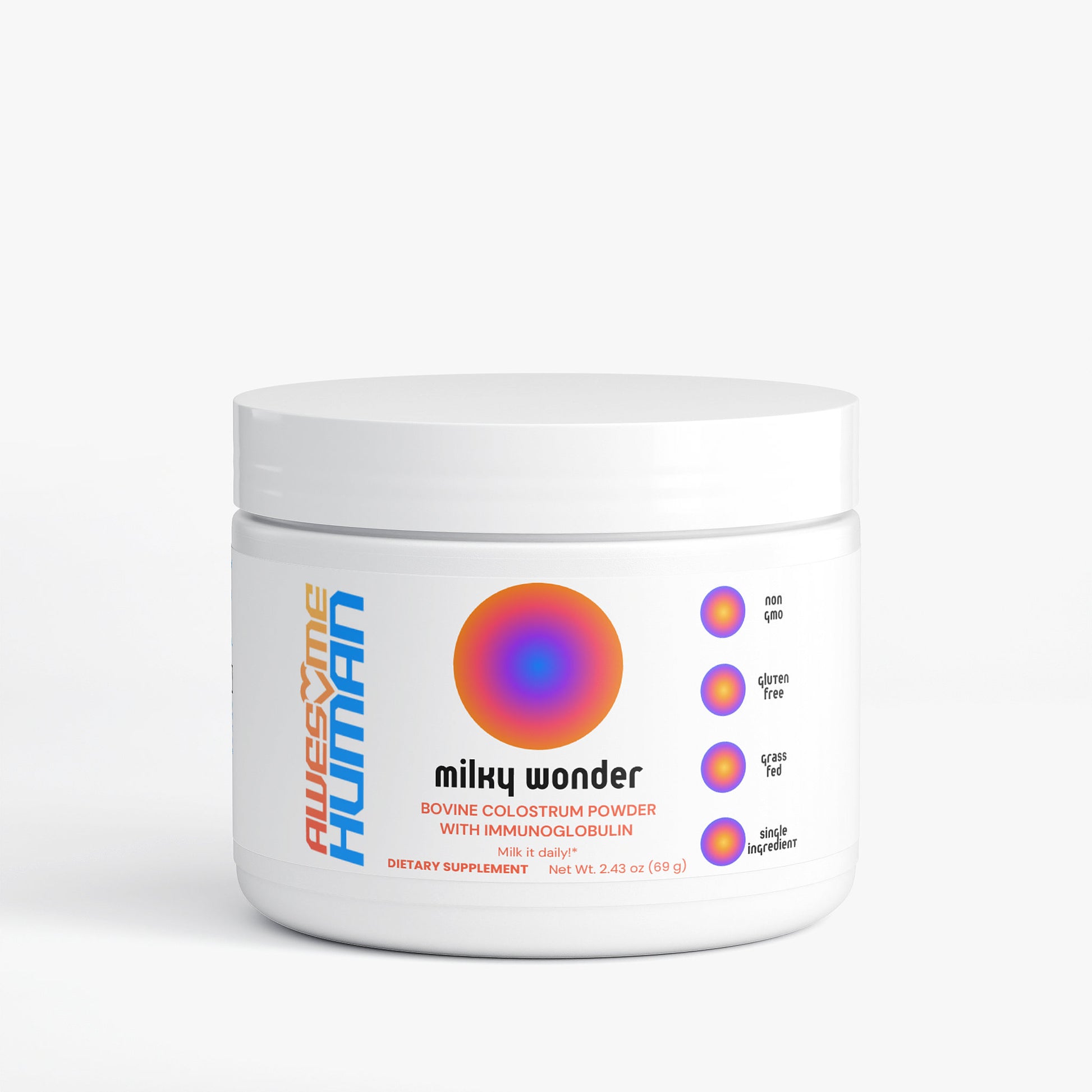 Milky Wonder colostrum powder immune gut and post workout support supplement. milk man. everyone needs this supplement for power, concentration and gut health