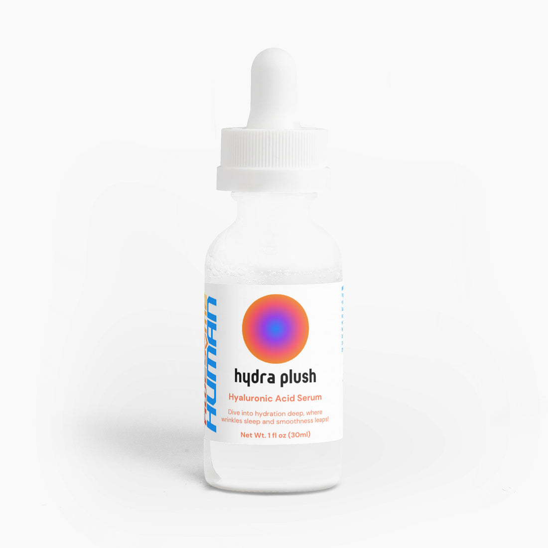 Hydra Plush hyaluronic acid serum for all skin types by Awesome Human, featuring a clear bottle with a dropper for facial hydration.
