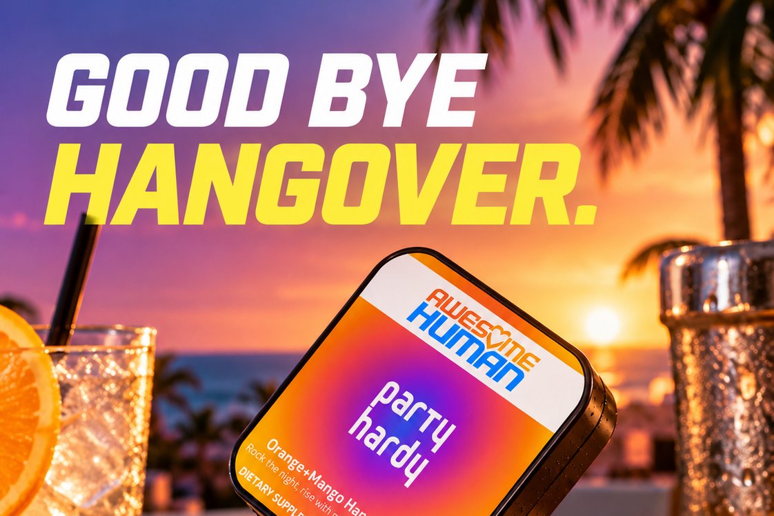 Party Hardy hangover strips lifestyle banner (mobile) — tropical sunset with product tinsslide_1